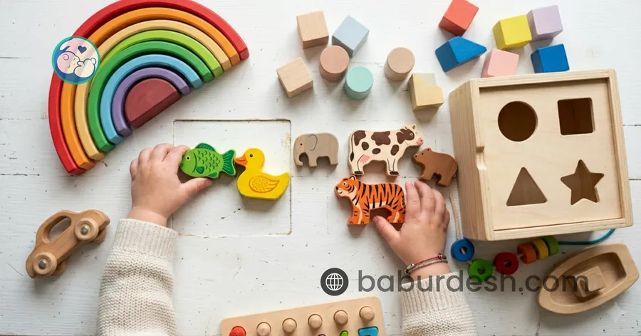 A child's hands playing with wooden Babur Desh toys — a rainbow stacker, a shape-sorting box, animal figures, building blocks and a pull-along car
